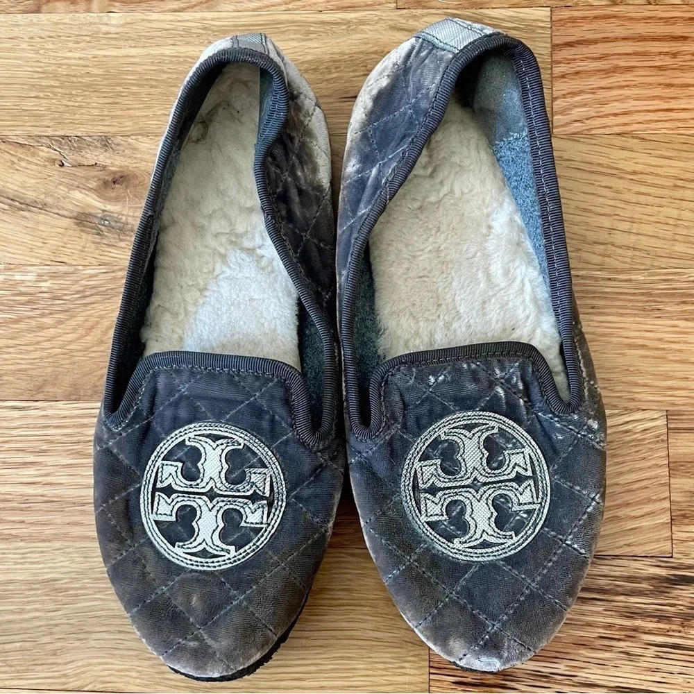 Tory Burch Gray & Silver Quilted Billy Slippers Loafers Size 6